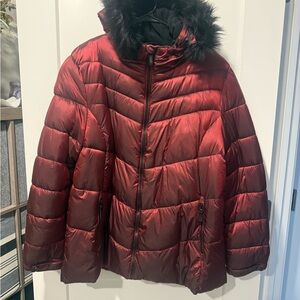 Women's Burgundy Shimmer Puffer Jacket with Faux Fur Hood